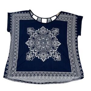 Lavish Plus Blue Mandala Print Strappy Neck Short Sleeve Top Women's Size 2X